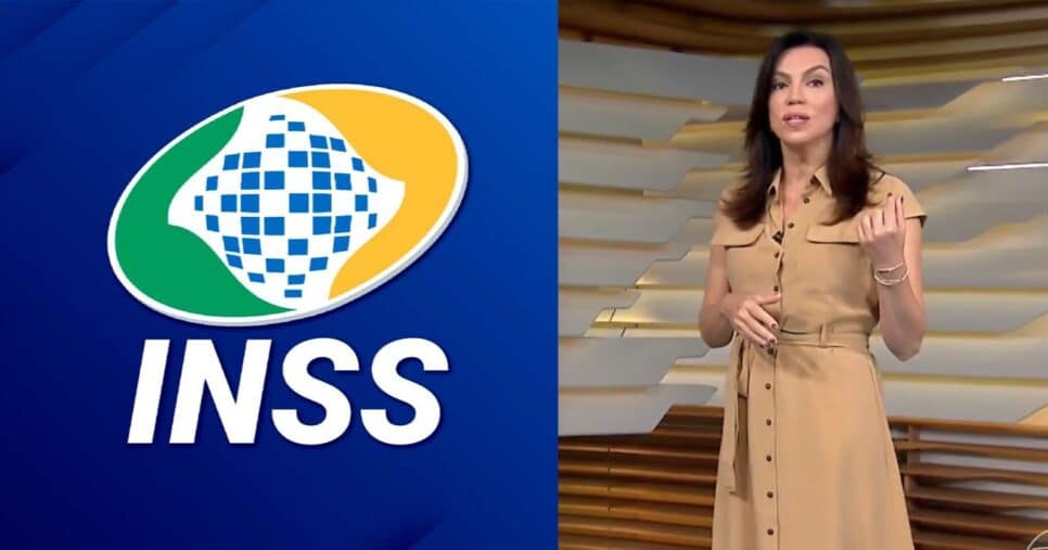 Logo do INSS e Ana Paula Araújo no Bom Dia Brasil (Fotos: Reproduções / Internet / Globo)