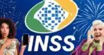 Logo do INSS, fogos de artifício, mulher segurando o celular e idosa chocada (Fotos: Reproduções / Internet / Freepik)