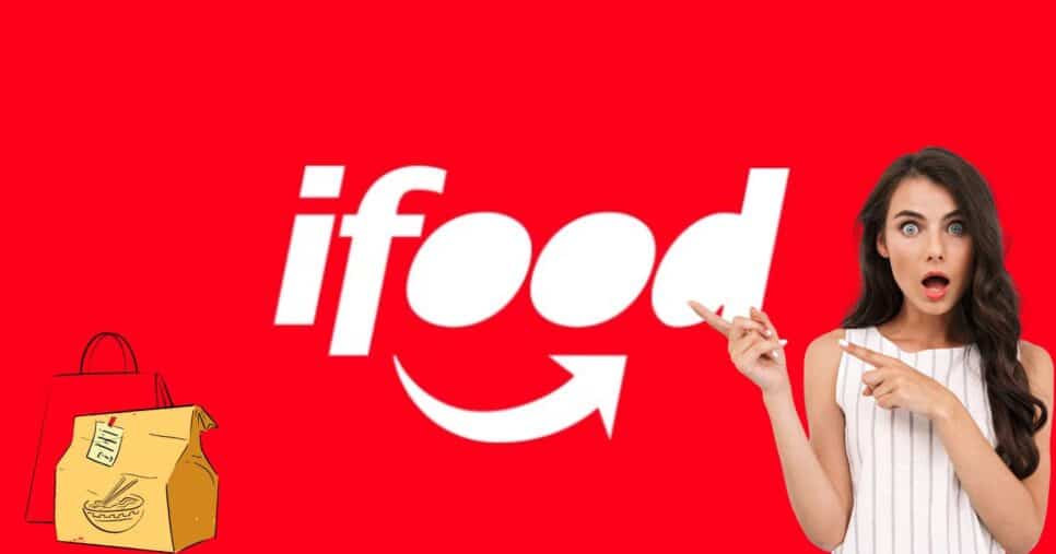 Logo iFood, mulher chocada e sacola (Fotos: Reproduções / Canva/ site oficial)