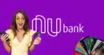 Mulher chocada, logo Nubank e cartões de crédito (Fotos: Reproduções / Canva / Internet)