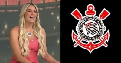 Renata Fan no Jogo Aberto e bandeira do Corinthians (Fotos: Reproduções / Band / Pinterest)