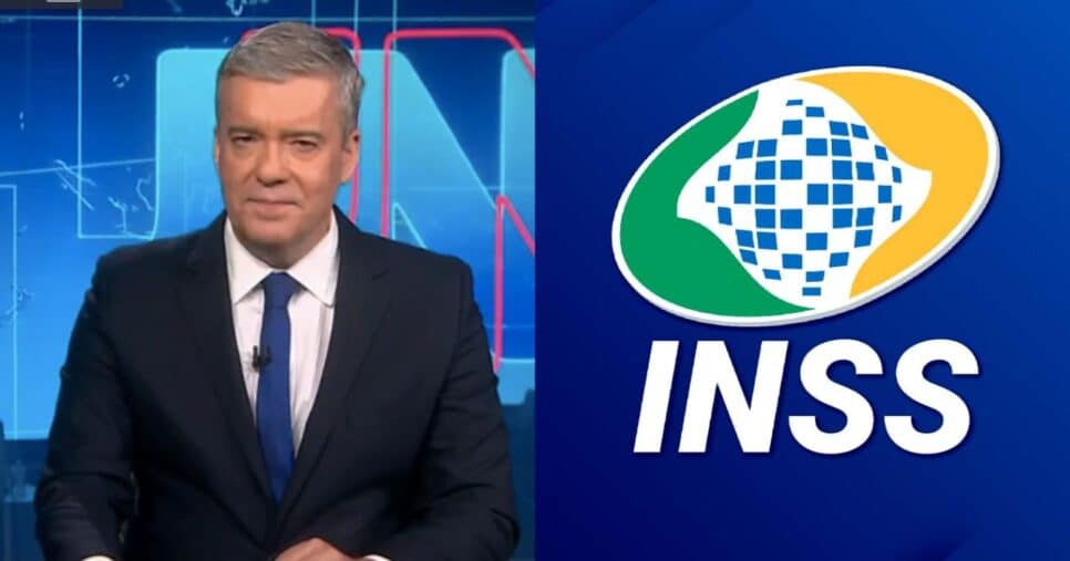 Roberto Kovalick no Jornal Nacional e logo do INSS (Fotos: Reproduções / Globo / Internet)