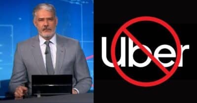 William Bonner no Jornal Nacional, logo da uber e imagem de bloqueio (Fotos: Reproduções / Globo / Canva)