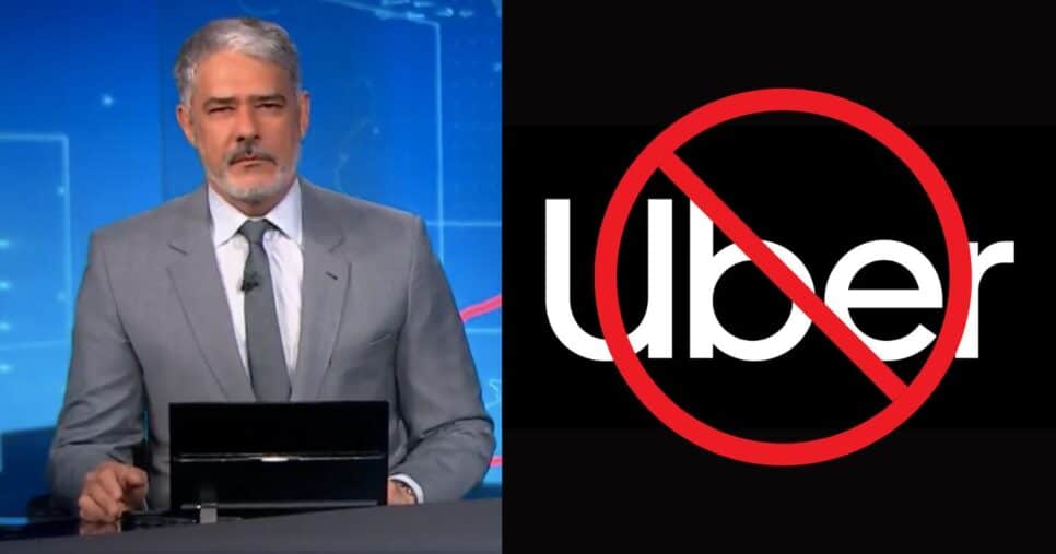 William Bonner no Jornal Nacional, logo da uber e imagem de bloqueio (Fotos: Reproduções / Globo / Canva)