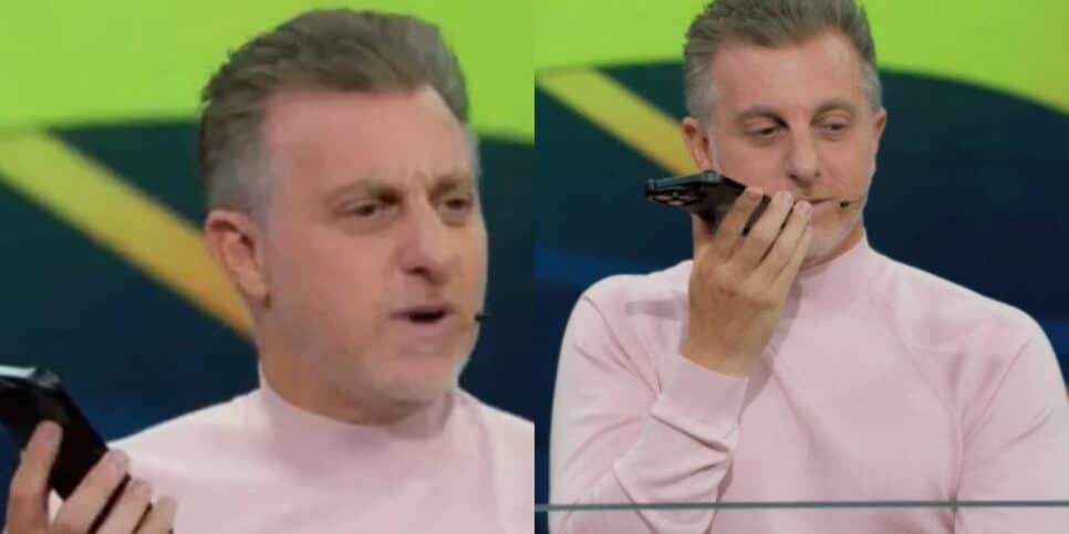 Sem saber de nada, Luciano Huck atende ligação do filho na Globo (Foto: Reprodução/Montagem TV Foco)