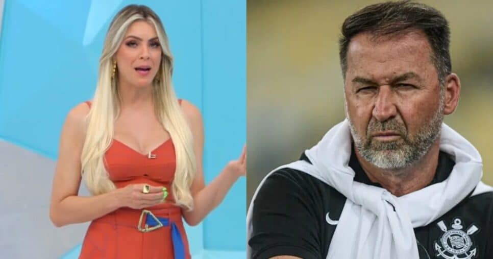 Renata para Jogo Aberto e perde o chão com rasteira para saída de Augusto - (Montagem / TV FOCO)