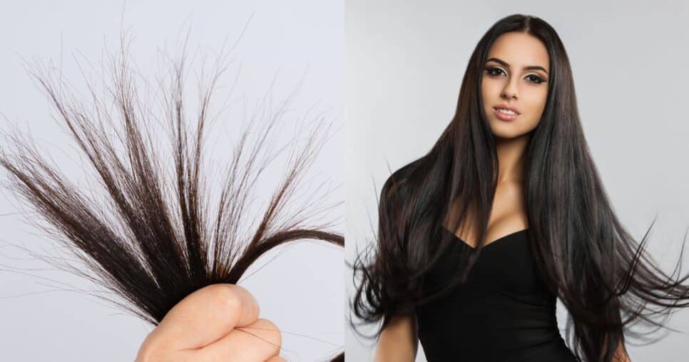 Cabelo com ponta dupla e modelo (Fotos: Reproduções / Canva)