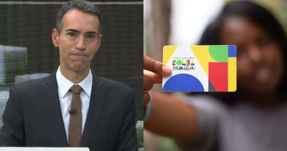 César Tralli no Jornal Hoje e mulher segurando cartão do Bolsa Família (Fotos: Reproduções / Globo / Lyon Santos / MDS)