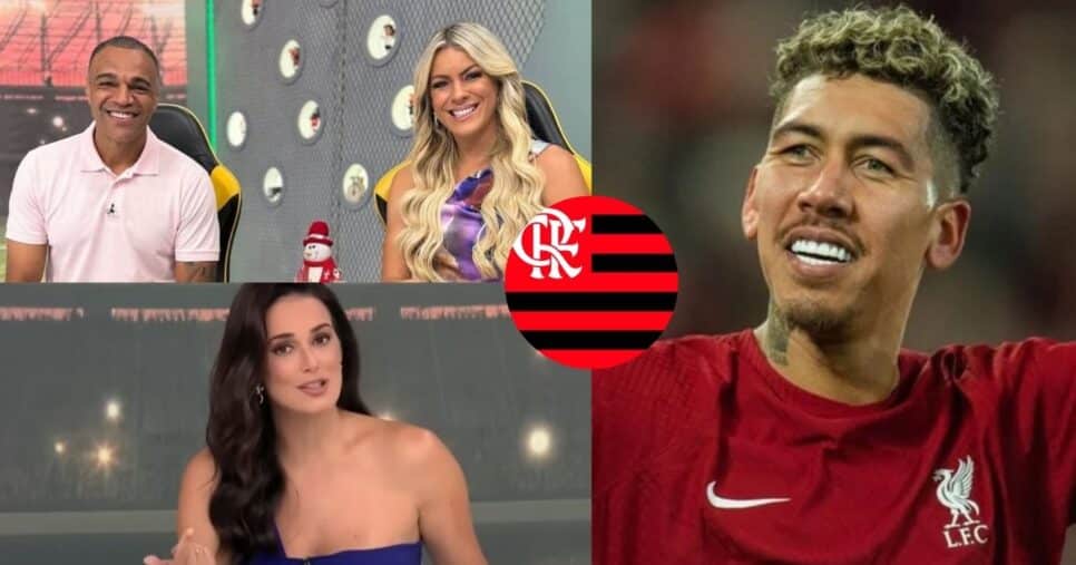 Denílson, Renata Fan e Lívia Nepomuceno no Jogo Aberto, bandeira do Flamengo e Firmino (Fotos: Reproduções / Band / Internet / Liverpool/Divulgação)