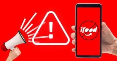 Ilustração alerta, bloqueio e celular com ifood (Fotos: Reproduções / Internet / Canva)