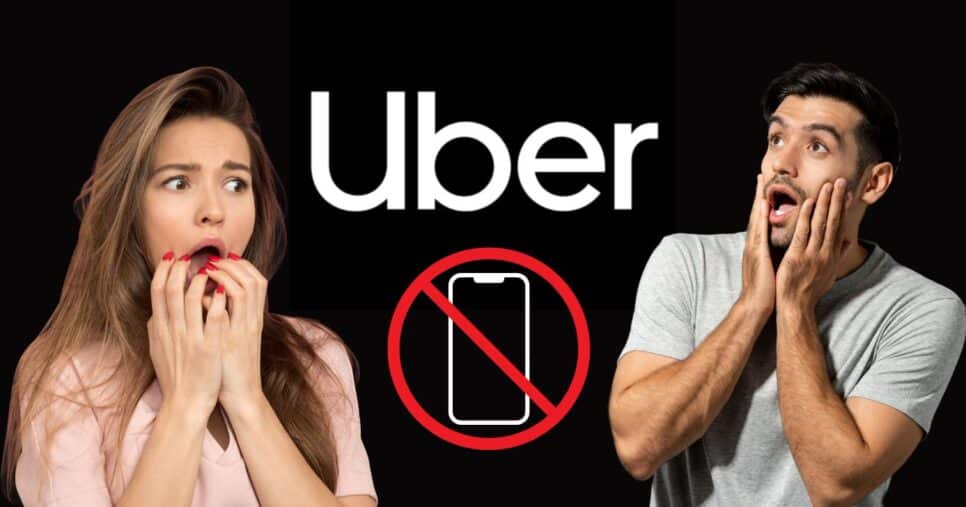 Mulher e homem chocados, logo da Uber, celular e bloqueio (Fotos: Reproduções / Canva / Internet)