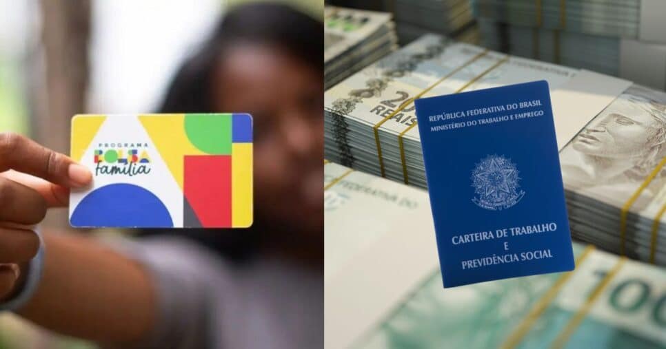 Mulher segurando cartão do Bolsa Família, notas de Real e carteira de trabalho (Fotos: Reproduções / Lyon Santos / MDS / Canva / Montagem)