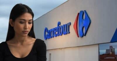 Mulher triste e unidade do Carrefour (Fotos: Reproduções / Canva / André Feites / Montagem)