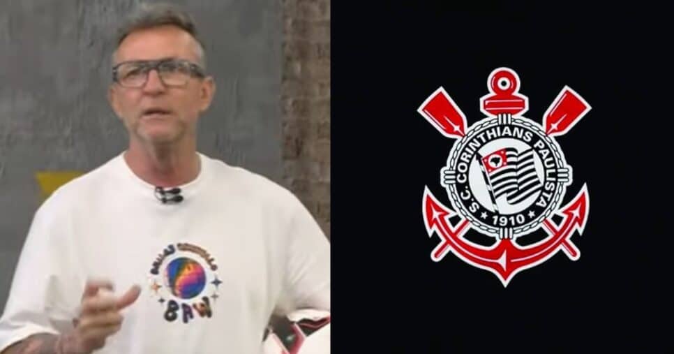 Neto no Os Donos da Bola e logo do Corinthians (Fotos: Reproduções / Band / Internet)