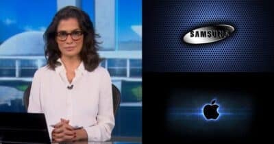 Renata Vasconcellos / Logo Samsung / Logo Apple - Montagem: TVFOCO