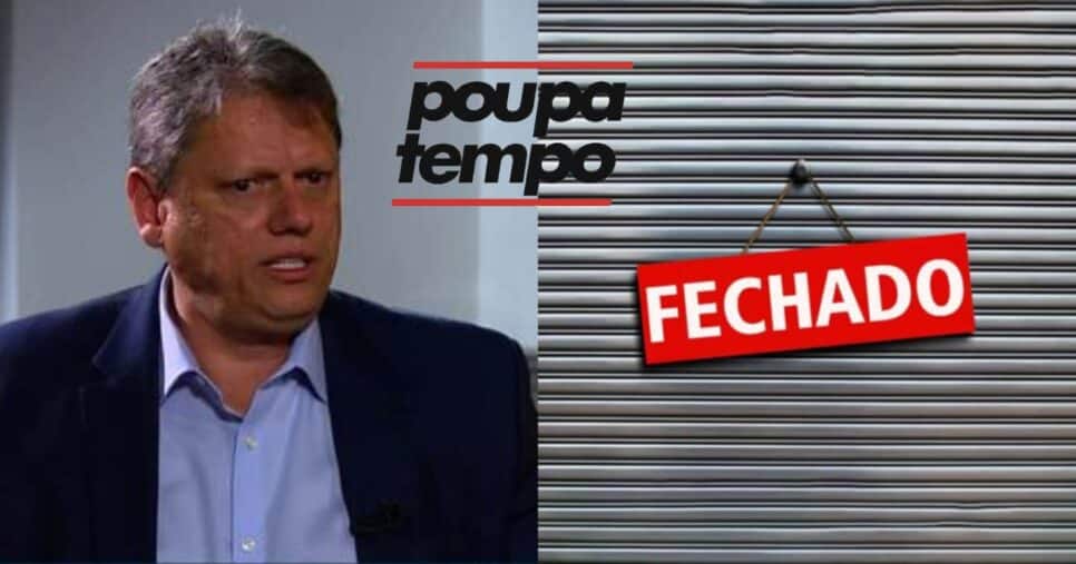 Tarcísio de Freitas, logo Poupatempo e loja fechada (Fotos: Reproduções/ Globo / Canva)