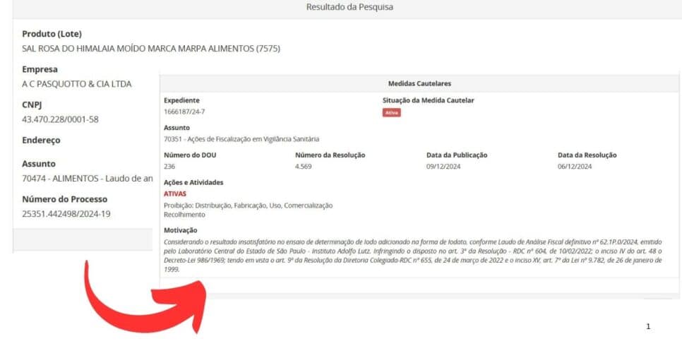 Resolução da ANVISA contra o sal mencionado (Foto Reprodução/ANVISA)