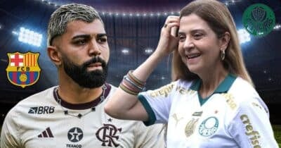 Logo do Barcelona, Gabigol e Leila Pereira (Foto: Reprodução / Palmeiras / Flamengo / Canva / Montagem TV Foco)