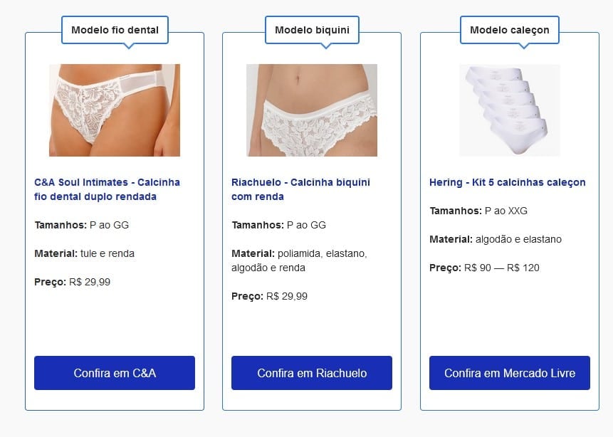 Recomendações de calcinha da cor branca (Foto: Reprodução / Google Shopping)