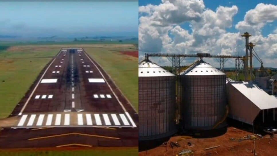 Aeroporto particular com pista de pouso e galpões de secagem de grãos (Fotos: Reprodução/ YouTube/ Montagem)