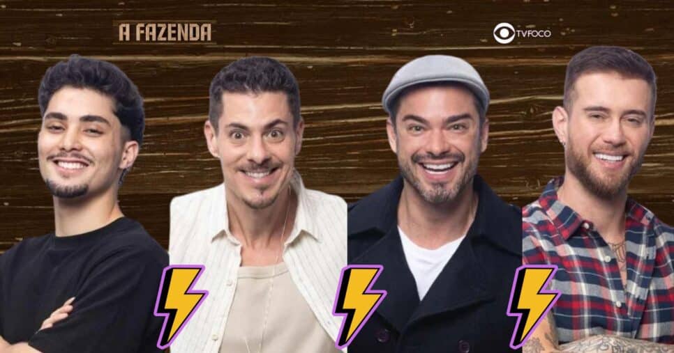 Gui Vieira, Sacha Bali, Sidney Sampaio e Yuri Bonotto em A Fazenda 16 (Foto: Reprodução / Record / Montagem TV Foco)