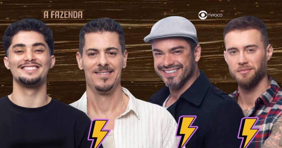 Gui Vieira, Sacha Bali, Sidney Sampaio e Yuri Bonotto em A Fazenda 16 (Foto: Reprodução / Record / Montagem TV Foco)