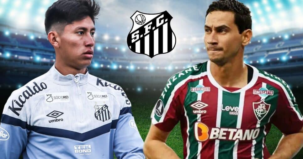 Miguelito, Ganso e logo do Santos (Foto: Reprodução / SFC / Fluminense / Canva / Montagem TV Foco)