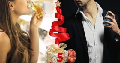 Mulher e homem usando perfumes no Natal (Foto: Reprodução / Canva / Montagem TV Foco)