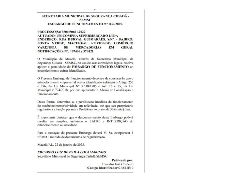 Documento da interdição da unidade do Unicompra, em Maceió (Foto Reprodução/DOU)