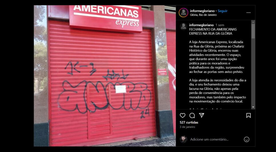 Postagem sobre o fechamento da Americanas da Rua da Glória (Foto Reprodução/Instagram) 