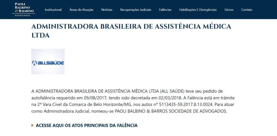Anúncio sobre a falência da ALL Saúde no site oficial dos advogados representantes (Foto Reprodução/Paolli)