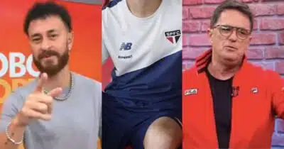 Fred Bruno no Globo Esporte, jogador e Fernandinho Fernandes no Os Donos da Bola (Fotos: Reproduções / Globo / Instagram / Band)