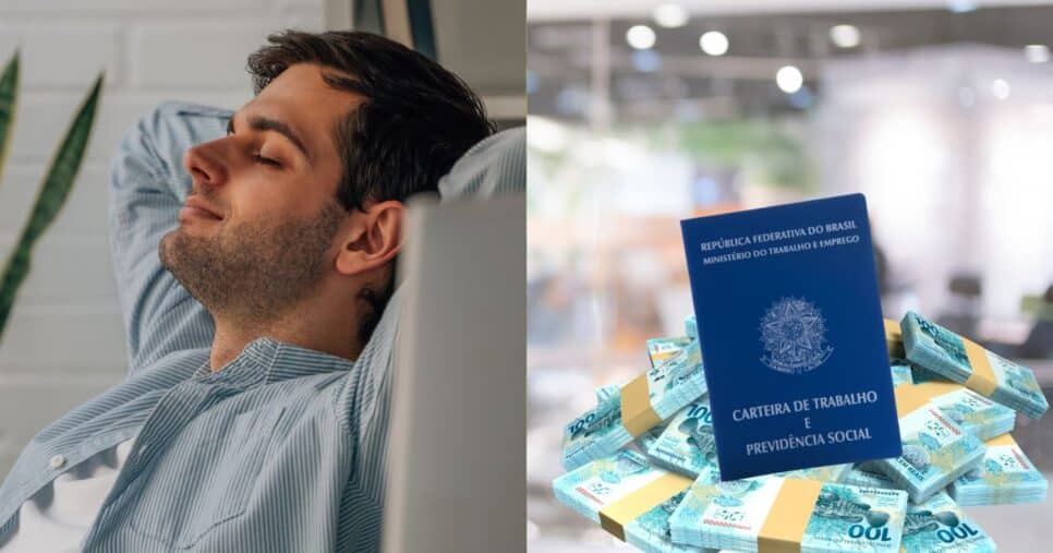 Homem descansando, escritório, carteira de trabalho e notas de cem reais (Fotos: Canva)