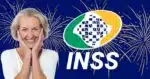 Idosa, logo do INSS e fogos de artifício (Fotos: Reproduções / Internet / Canva)