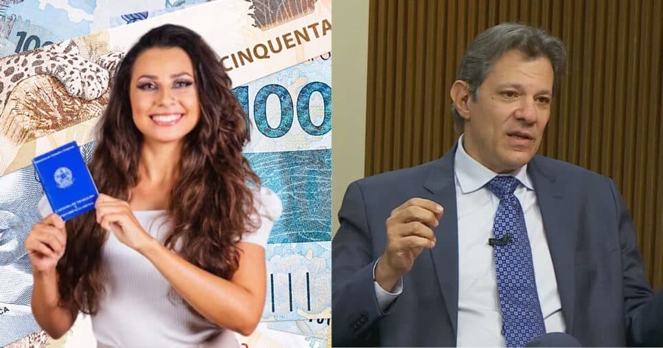 Ilustração salário mínimo, trabalhadora CLT e Fernando Haddad (Fotos: Reproduções / Canva / Globo / Montagem)