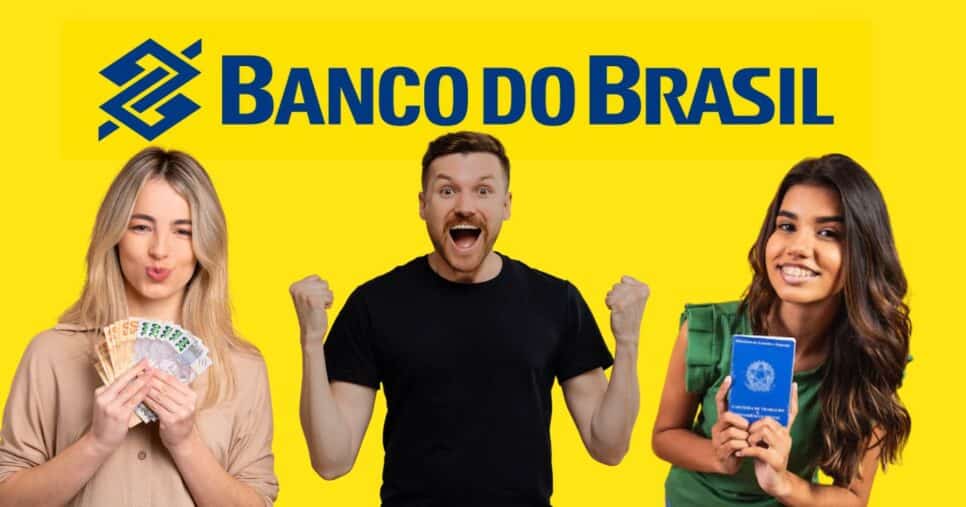 Logo Banco do Brasil, mulher com notas de Real, homem feliz e mulher com carteira de trabalho (Fotos: Reproduções / Internet / Canva / Freepik)