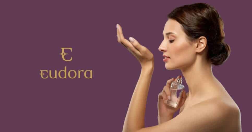 Logo Eudora e mulher passando perfume (Fotos: Reproduções / Internet / Canva)