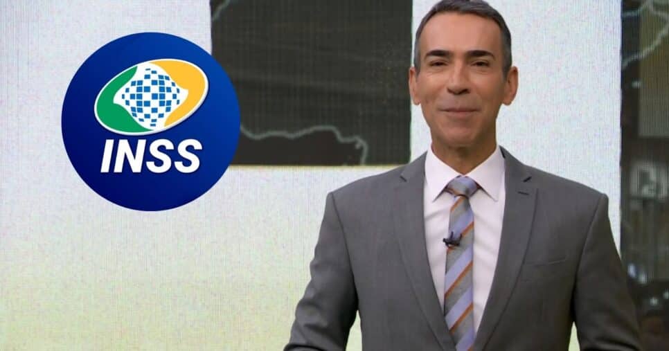Logo do INSS e César Tralli no Jornal Hoje (Fotos: Reproduções / Internet / Globo)