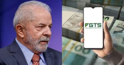 Luiz Inácio Lula da Silva,  notas de Real e aplicativo do FGTS (Fotos: Reproduções / Ricardo Stuckert / Canva / Internet)