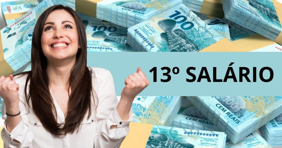 Mulher feliz, notas de cem reais e ilustração 13º salário (Fotos: Reproduções / Canva)