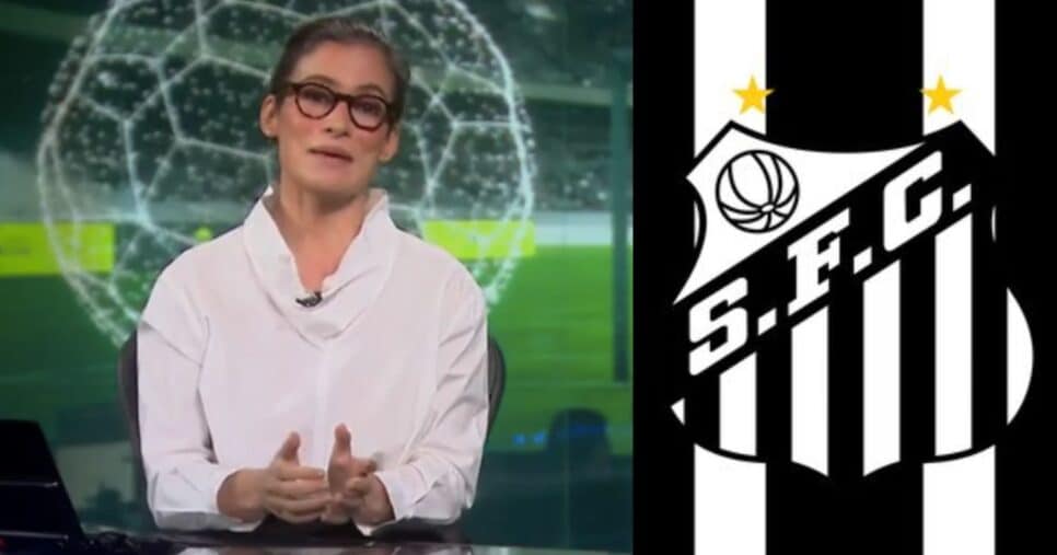 Renata Vasconcellos no Jornal Nacional e bandeira do Santos (Fotos: Reproduções / Globo / Internet)