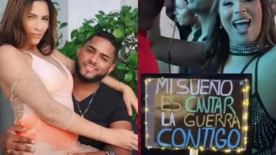 A influencer no colo do marido que pediu divórcio, e ao lado, seu pedido em cartaz para subir no palco (Fotos: Reprodução/ Instagram/ Montagem)