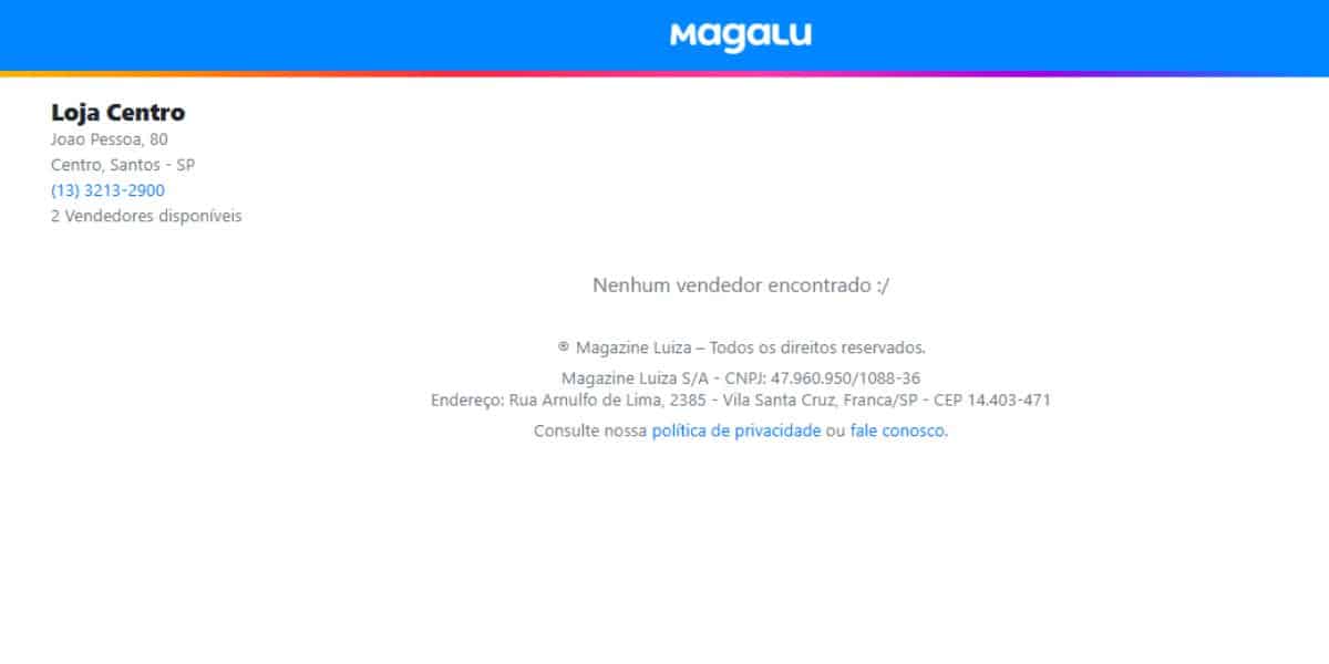 Site da Magalu consta loja fechada no centro de Santos (Reprodução: Internet)