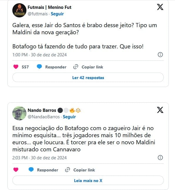 Repercussão da torcida do Botafogo e do Santos (Foto: Reprodução / X)