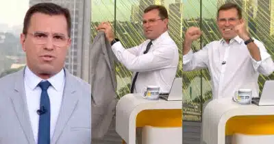 Rodrigo Bocardi surta e arranca o próprio terno ao vivo na Globo (Foto: Reprodução/Montagem TV Foco)