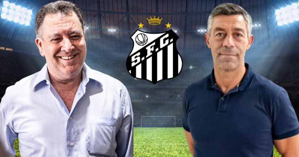 Marcelo Teixeira e Pedro Caixinha no Santos (Foto: Reprodução / SFC / Canva / Montagem TV Foco)