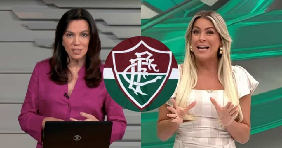 Ana Paula Araújo no Bom Dia Brasil, bandeira do Fluminense e Renata Fan no Jogo Aberto (Fotos: Reproduções / Globo / Internet / Band)
