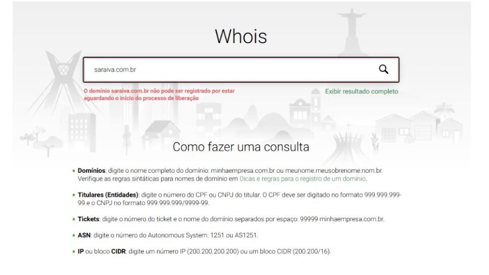 Status do domínio da Saraiva (Foto: Reprodução/Registro BR)