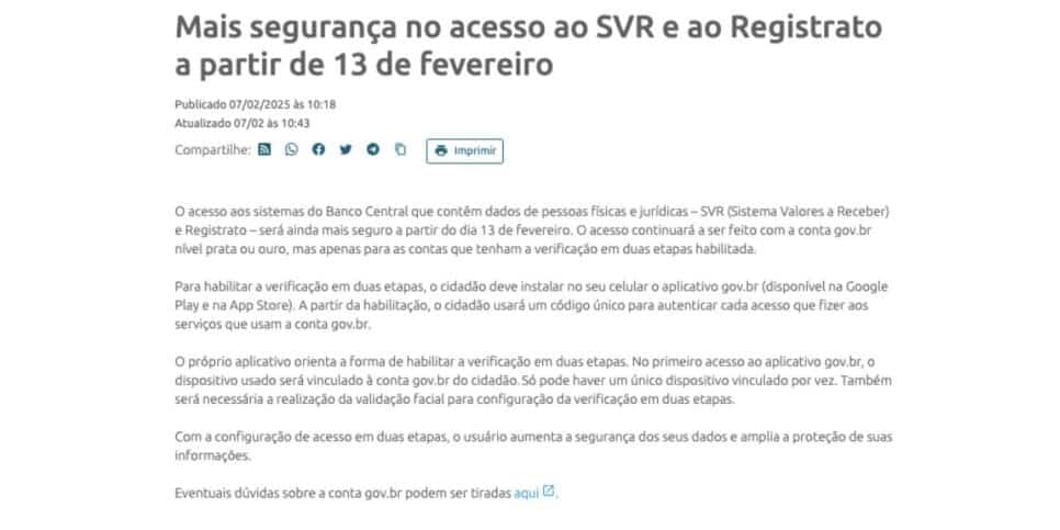 Comunicado do Banco Central (Foto:  Reprodução / site BC)