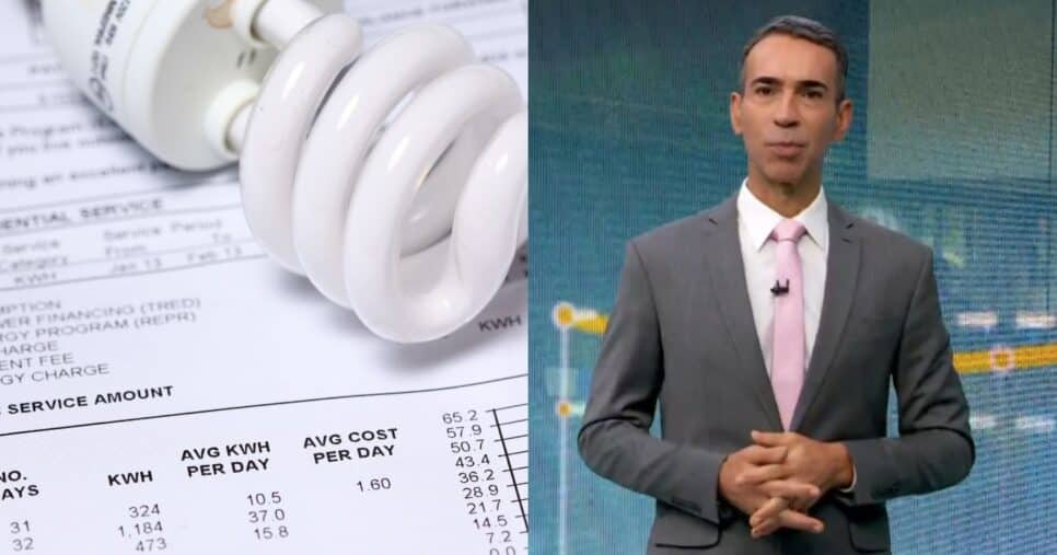 Ilustração conta de luz e César Tralli no Jornal Hoje (Fotos: Reproduções / Canva / Globo)
